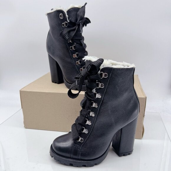 Schutz Zhara Combat Platform Heel Boots Black Leather Lace Up Shearling US 5.5 - Picture 3 of 13